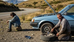 Auto detenido en carretera chilena con mecánico revisando neumático – Vulcamax