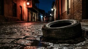 Neumático dañado sobre adoquines en Santiago — vulcanización móvil Vulcamax