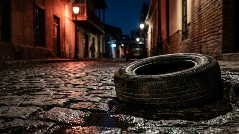 Neumático dañado sobre adoquines en Santiago — vulcanización móvil Vulcamax