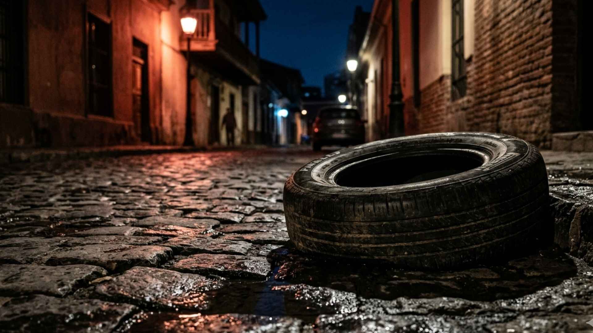 Neumático dañado sobre adoquines en Santiago — vulcanización móvil Vulcamax
