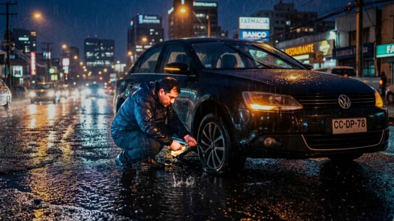 Invierno en Santiago y pinchazos de neumáticos en calle mojada
