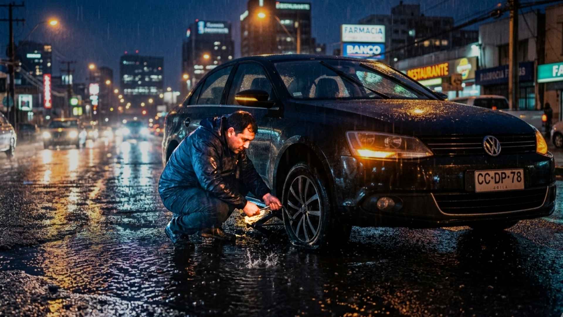 Invierno en Santiago y pinchazos de neumáticos en calle mojada