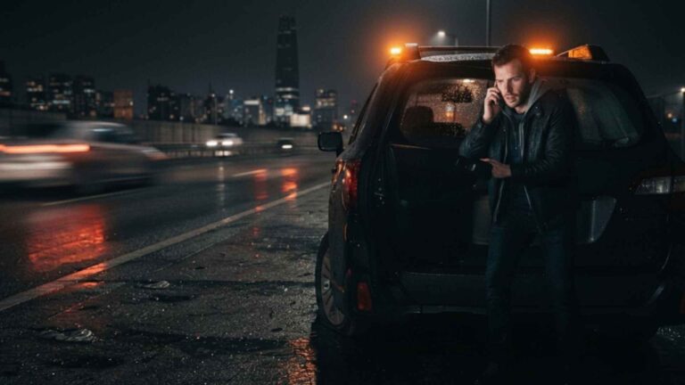 Vehículo detenido en berma de autopista nocturna con neumático pinchado y luces de emergencia encendidas