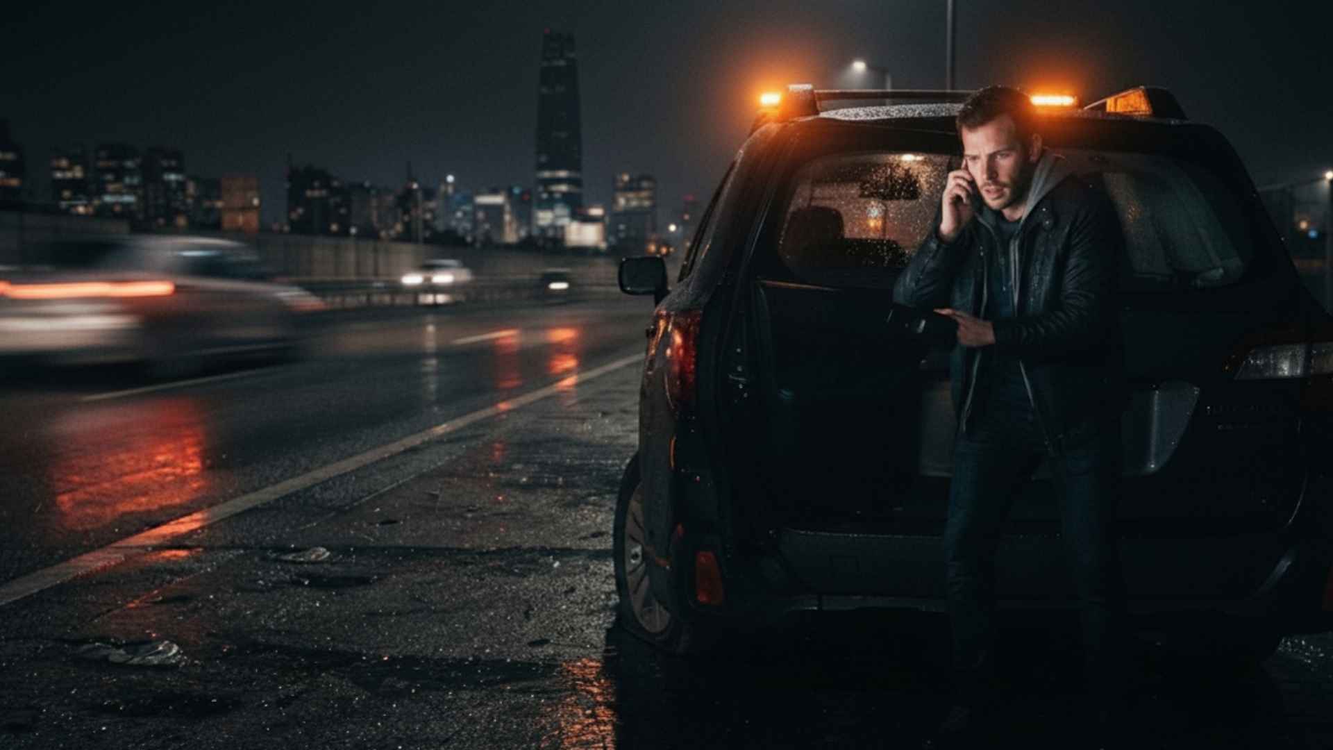 Vehículo detenido en berma de autopista nocturna con neumático pinchado y luces de emergencia encendidas